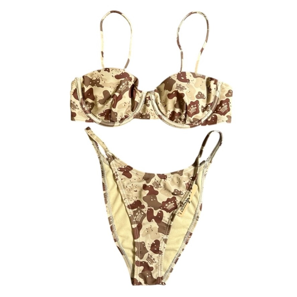 Your Highness Desert Camo Underwire Bikini Set Top S Bottom M Crown Print NWT